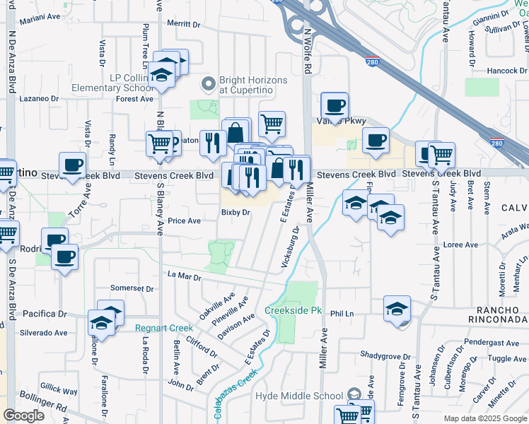 map of restaurants, bars, coffee shops, grocery stores, and more near 19748 Stevens Creek Boulevard in Cupertino