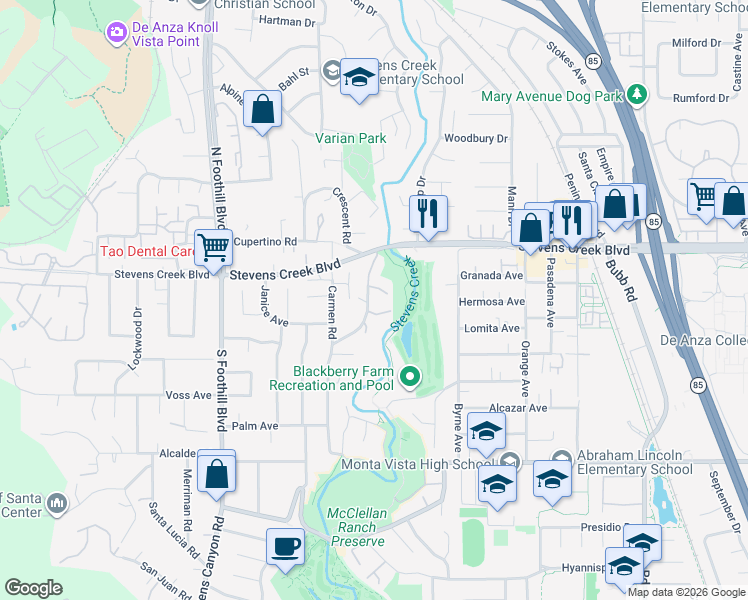 map of restaurants, bars, coffee shops, grocery stores, and more near 10101 Scenic Boulevard in Cupertino