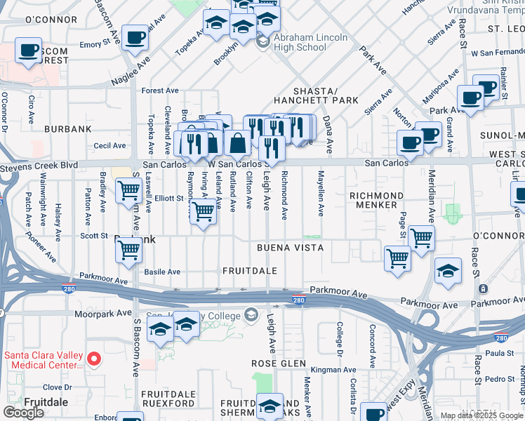 map of restaurants, bars, coffee shops, grocery stores, and more near 421 Leigh Avenue in San Jose