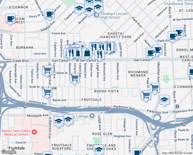 map of restaurants, bars, coffee shops, grocery stores, and more near 421 Leigh Avenue in San Jose