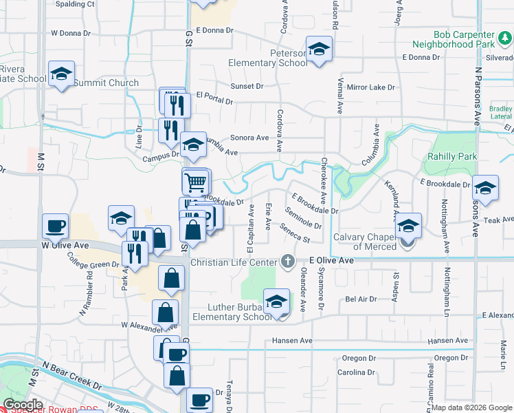 map of restaurants, bars, coffee shops, grocery stores, and more near 3216 El Capitan Avenue in Merced