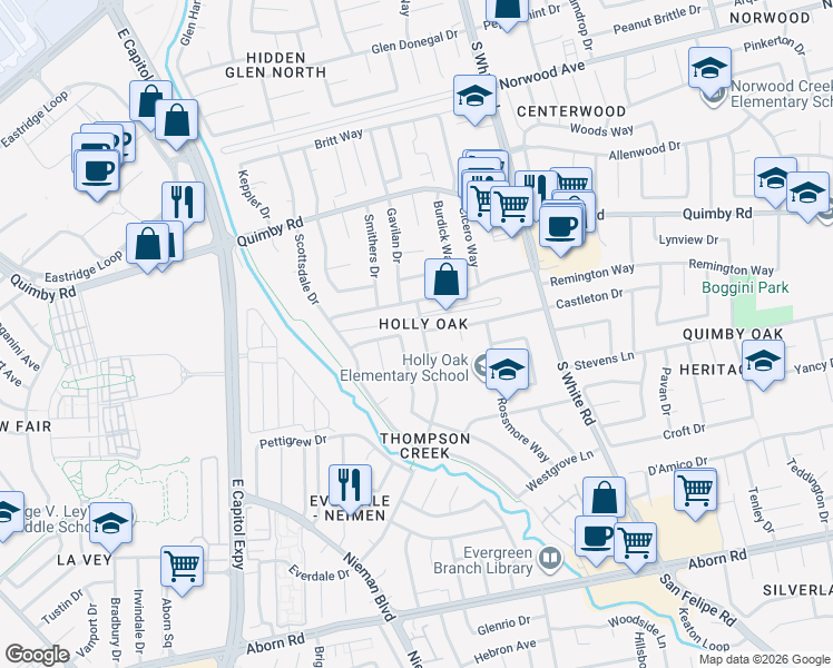 map of restaurants, bars, coffee shops, grocery stores, and more near 2888 Fairfax Avenue in San Jose