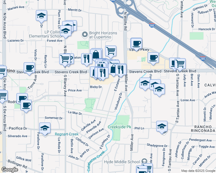 map of restaurants, bars, coffee shops, grocery stores, and more near 19748 Stevens Creek Boulevard in Cupertino