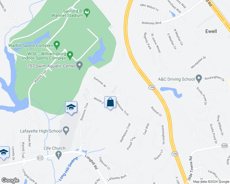 map of restaurants, bars, coffee shops, grocery stores, and more near 923 Pheasant Run in Williamsburg
