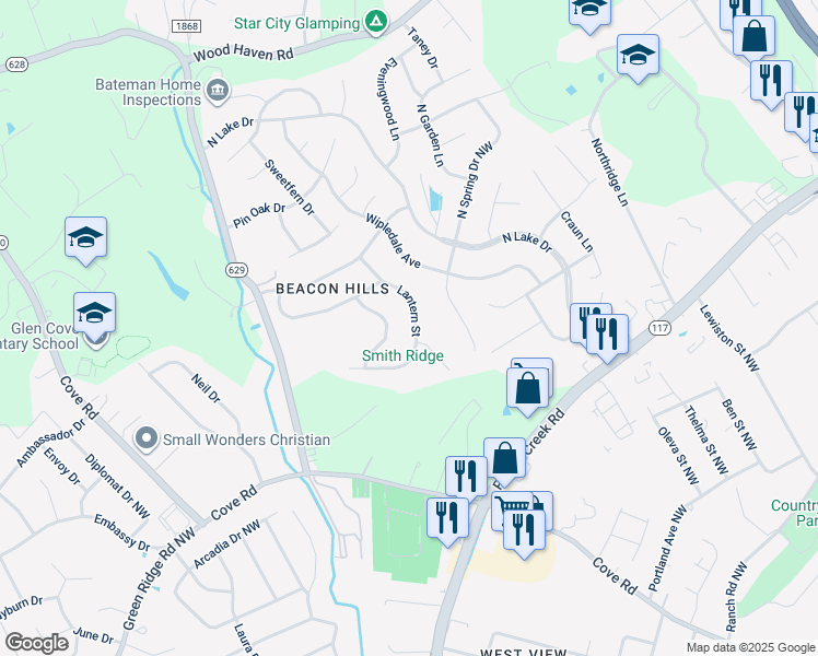 map of restaurants, bars, coffee shops, grocery stores, and more near 4884 Lantern Street in Roanoke