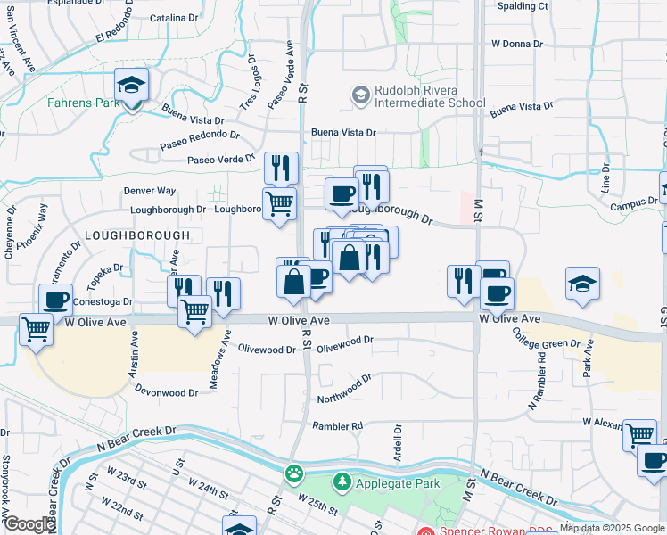 map of restaurants, bars, coffee shops, grocery stores, and more near 3148-3226 R St in Merced