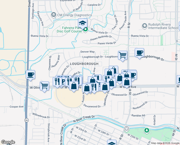 map of restaurants, bars, coffee shops, grocery stores, and more near 3200 Nashville Court in Merced