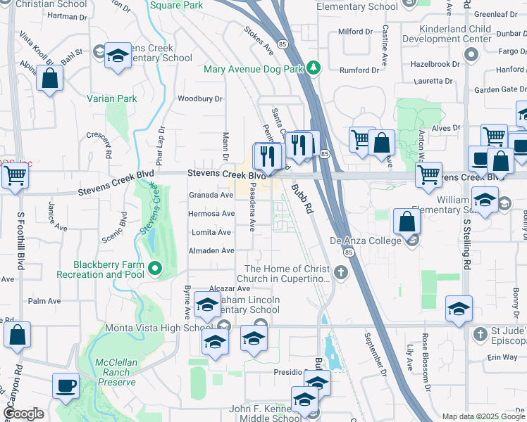 map of restaurants, bars, coffee shops, grocery stores, and more near 10101 Imperial Avenue in Cupertino