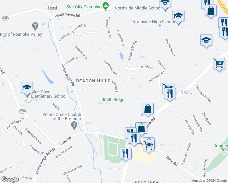 map of restaurants, bars, coffee shops, grocery stores, and more near 4884 Lantern Street in Roanoke