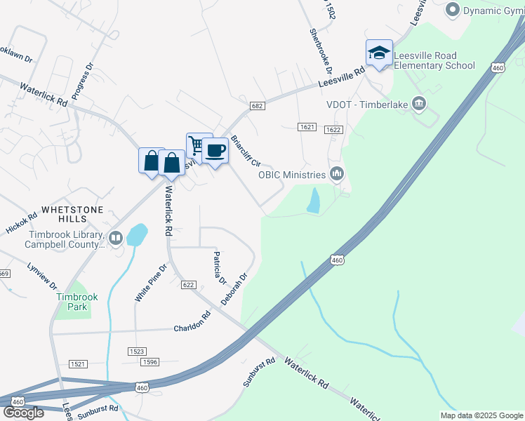 map of restaurants, bars, coffee shops, grocery stores, and more near 372 Briar Cliff Circle in Lynchburg