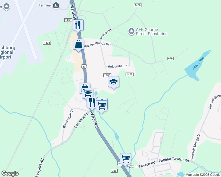 map of restaurants, bars, coffee shops, grocery stores, and more near 19 George St in Lynchburg