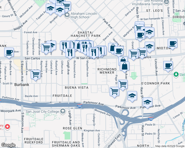 map of restaurants, bars, coffee shops, grocery stores, and more near 404 Mayellen Avenue in San Jose