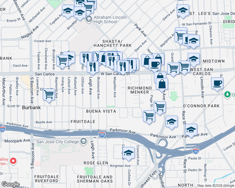 map of restaurants, bars, coffee shops, grocery stores, and more near 404 Mayellen Avenue in San Jose