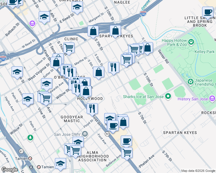 map of restaurants, bars, coffee shops, grocery stores, and more near 222 Keyes Street in San Jose