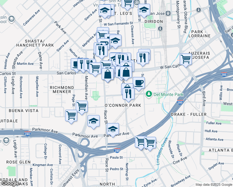 map of restaurants, bars, coffee shops, grocery stores, and more near 1127 Auzerais Avenue in San Jose