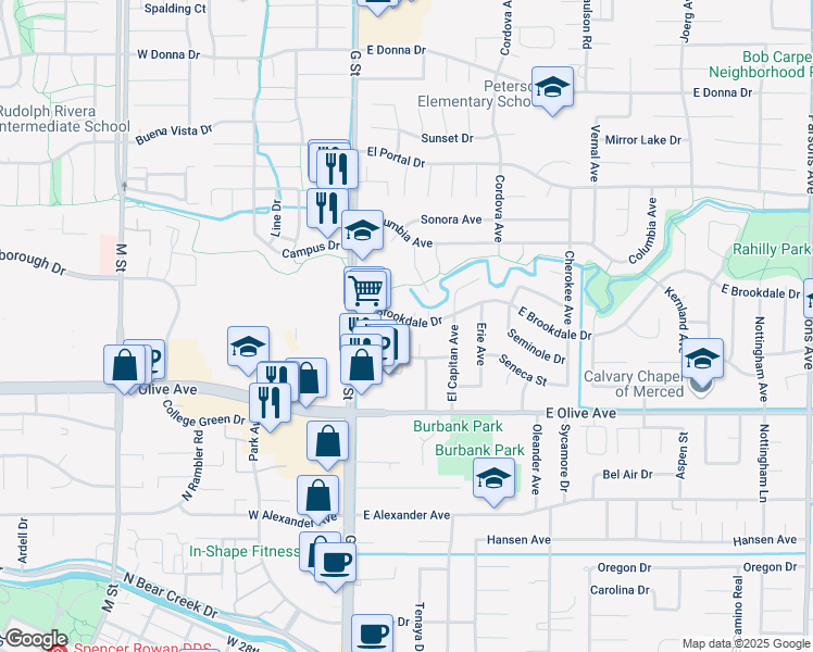 map of restaurants, bars, coffee shops, grocery stores, and more near 281 East Brookdale Drive in Merced