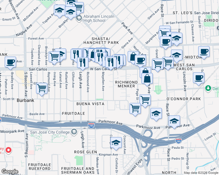 map of restaurants, bars, coffee shops, grocery stores, and more near 404 Mayellen Avenue in San Jose