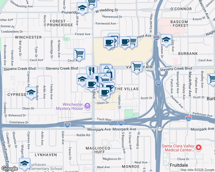 map of restaurants, bars, coffee shops, grocery stores, and more near 377 Santana Row in San Jose