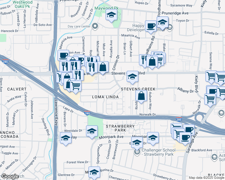map of restaurants, bars, coffee shops, grocery stores, and more near 4827 Rio Vista Avenue in San Jose