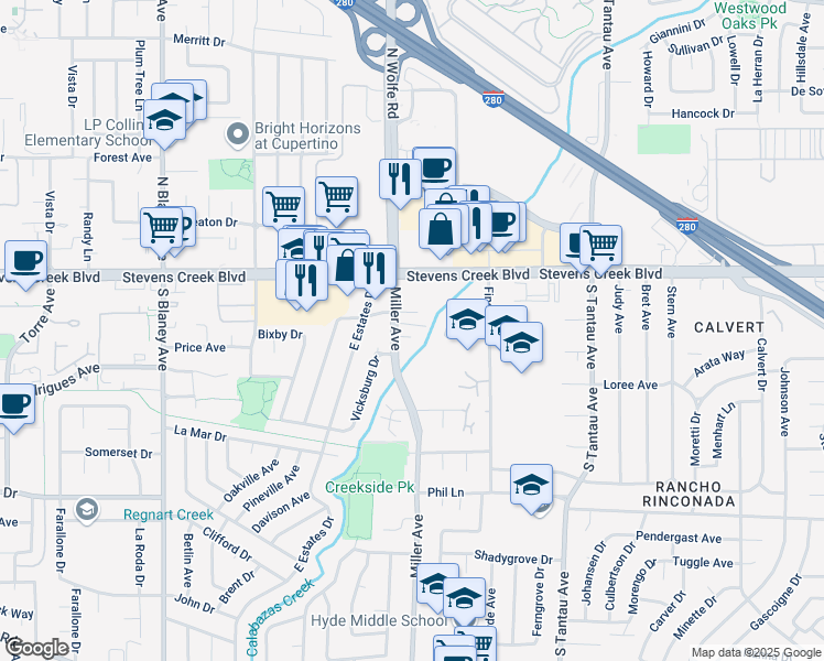 map of restaurants, bars, coffee shops, grocery stores, and more near 19460 Richwood Court in Cupertino
