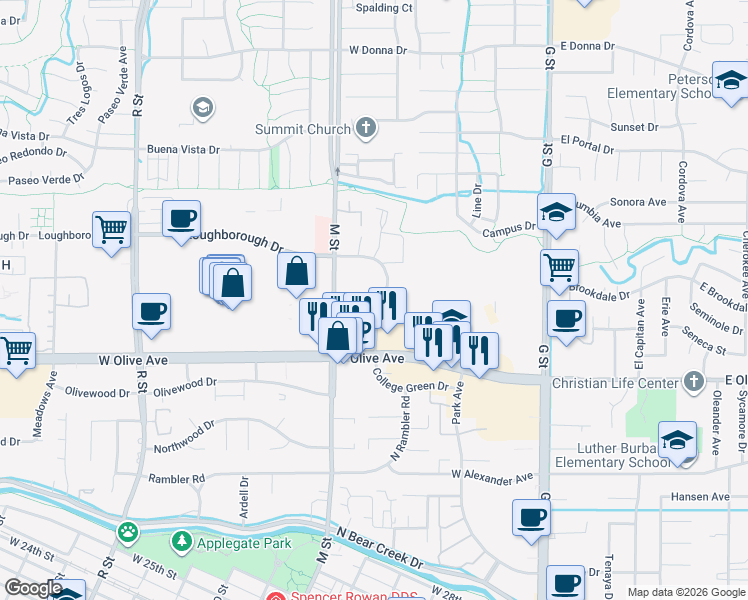 map of restaurants, bars, coffee shops, grocery stores, and more near 3175 Collins Drive in Merced