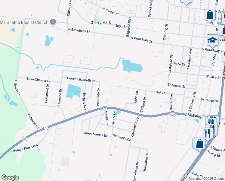 map of restaurants, bars, coffee shops, grocery stores, and more near 713 Oak Street in Madisonville
