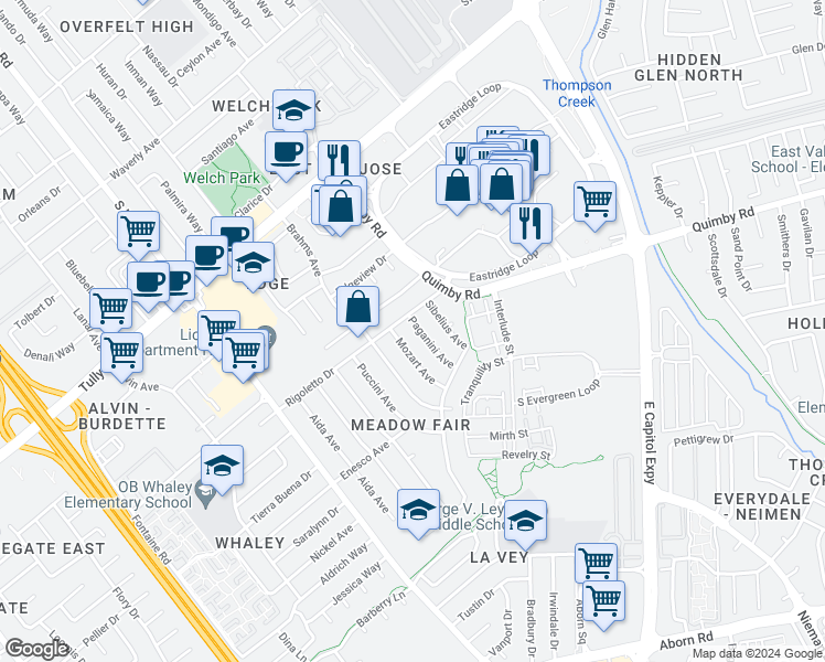 map of restaurants, bars, coffee shops, grocery stores, and more near 2613 Paganini Avenue in San Jose