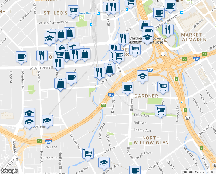 map of restaurants, bars, coffee shops, grocery stores, and more near 436 Gregory Street in San Jose