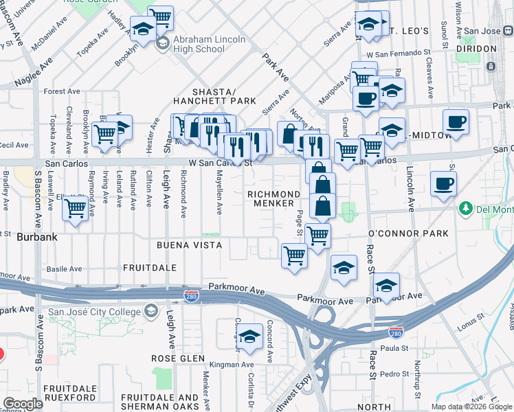 map of restaurants, bars, coffee shops, grocery stores, and more near 414 South Buena Vista Avenue in San Jose