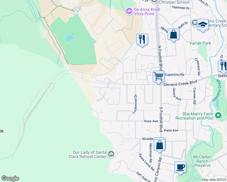 map of restaurants, bars, coffee shops, grocery stores, and more near 10106 Lamplighter Square in Cupertino