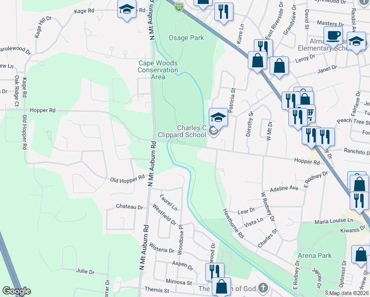 map of restaurants, bars, coffee shops, grocery stores, and more near 3013 Hopper Road in Cape Girardeau