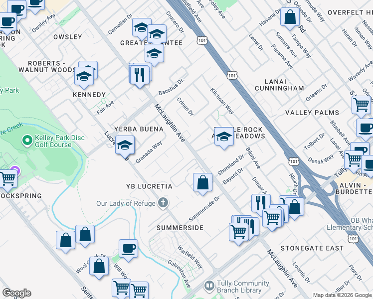 map of restaurants, bars, coffee shops, grocery stores, and more near 1969 McLaughlin Avenue in San Jose