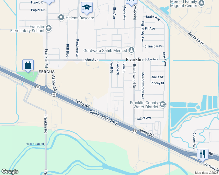 map of restaurants, bars, coffee shops, grocery stores, and more near 2442 Apache Street in Merced