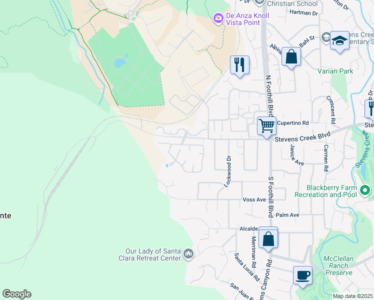 map of restaurants, bars, coffee shops, grocery stores, and more near 10107 Lamplighter Square in Cupertino