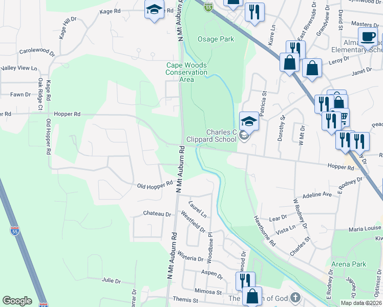 map of restaurants, bars, coffee shops, grocery stores, and more near 3269 Hopper Road in Cape Girardeau