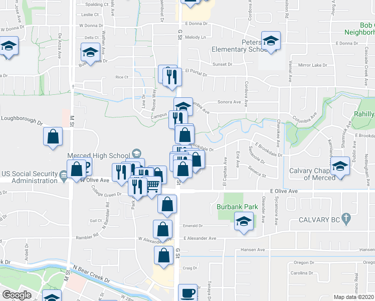 map of restaurants, bars, coffee shops, grocery stores, and more near 3250 G Street in Merced