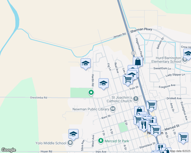 map of restaurants, bars, coffee shops, grocery stores, and more near 708 Hardin Road in Newman