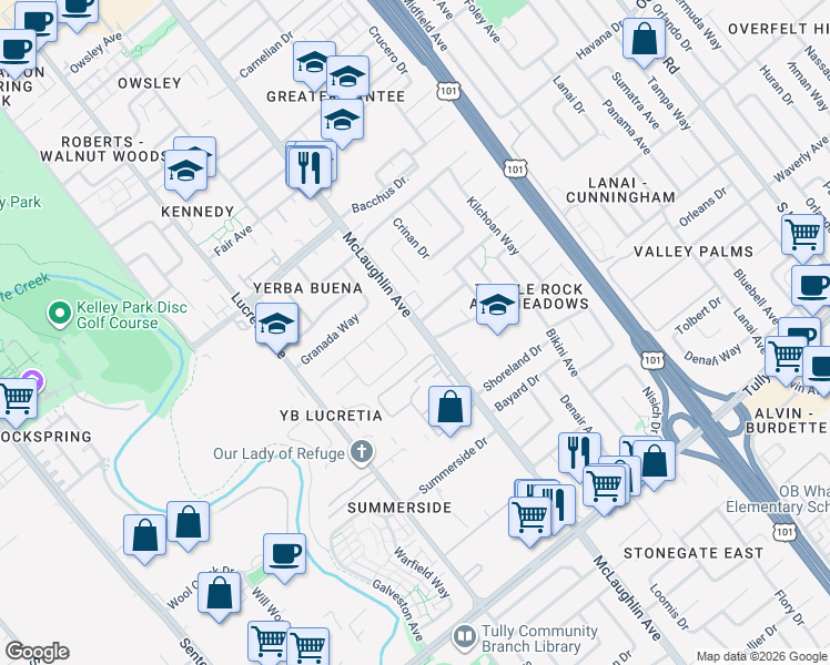 map of restaurants, bars, coffee shops, grocery stores, and more near 1969 McLaughlin Avenue in San Jose
