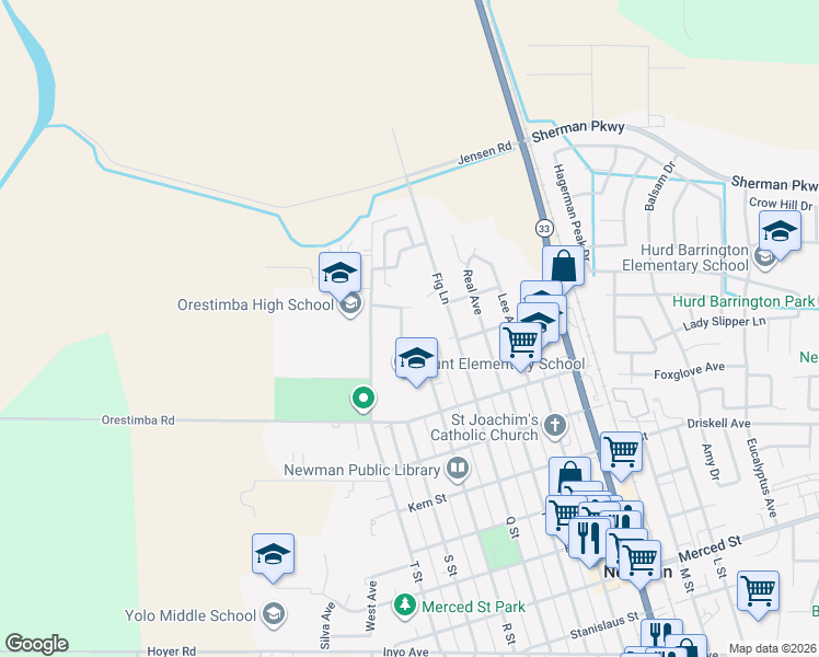 map of restaurants, bars, coffee shops, grocery stores, and more near 716 R Street in Newman