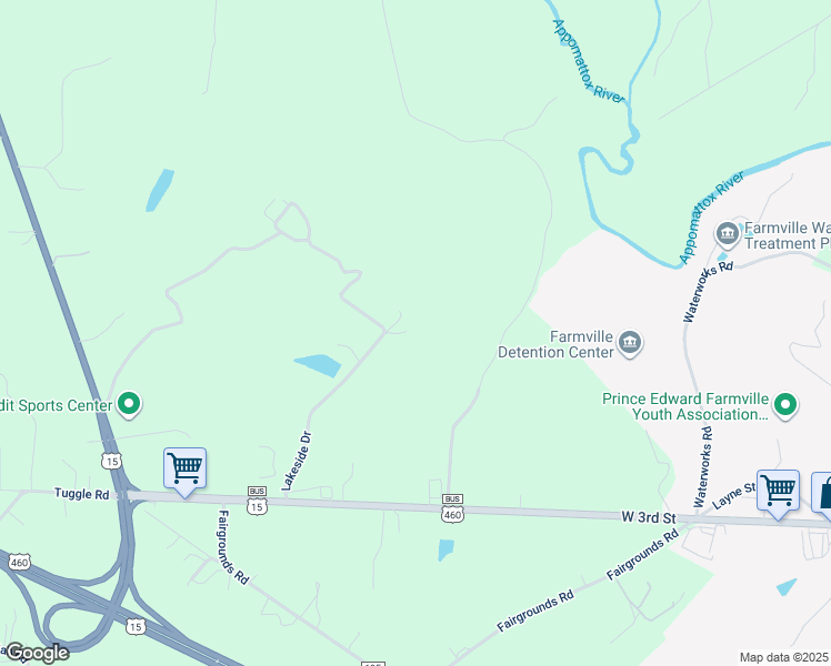 map of restaurants, bars, coffee shops, grocery stores, and more near 440 Lakeside Drive in Farmville