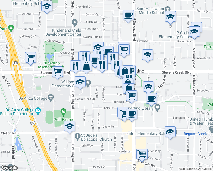 map of restaurants, bars, coffee shops, grocery stores, and more near 20725 Scofield Drive in Cupertino