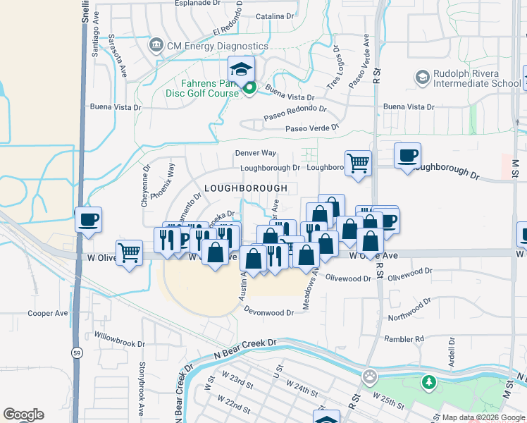 map of restaurants, bars, coffee shops, grocery stores, and more near 3200 Nashville Court in Merced