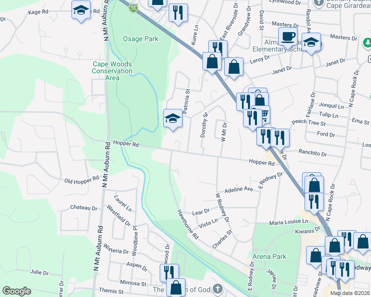 map of restaurants, bars, coffee shops, grocery stores, and more near 1050 Patricia Street in Cape Girardeau