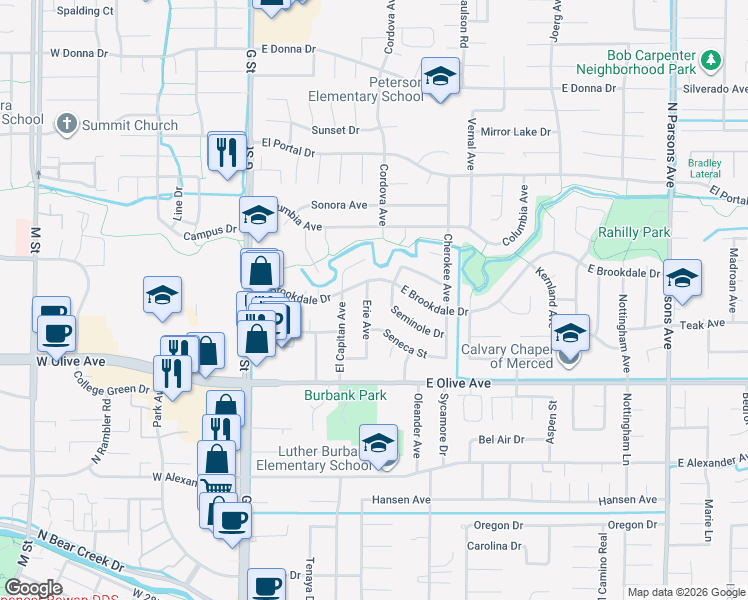 map of restaurants, bars, coffee shops, grocery stores, and more near 544 Seminole Drive in Merced