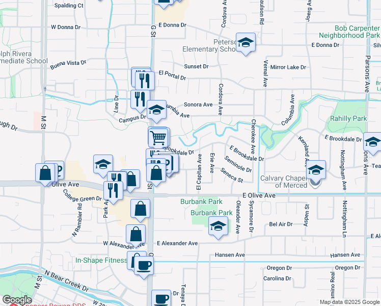 map of restaurants, bars, coffee shops, grocery stores, and more near 281 East Brookdale Drive in Merced