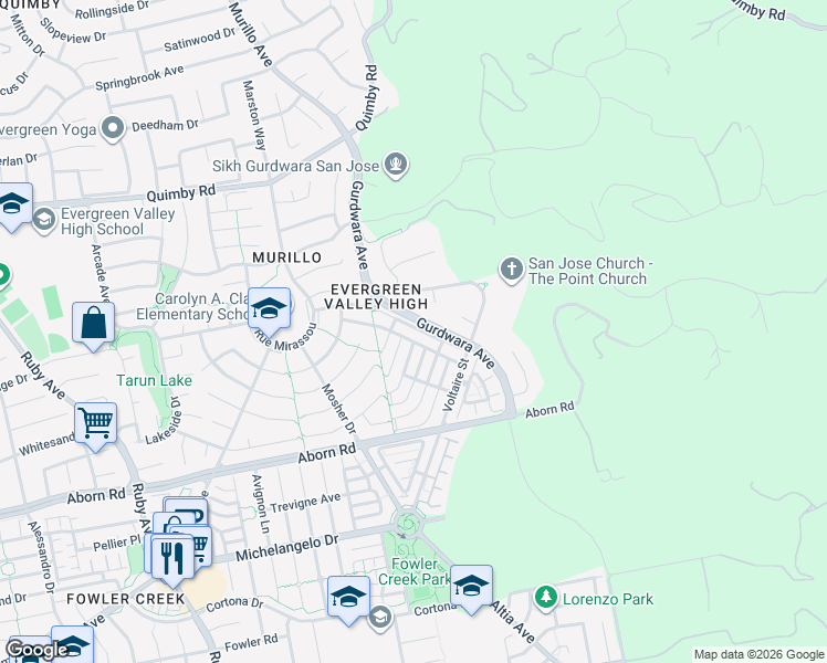 map of restaurants, bars, coffee shops, grocery stores, and more near 3651 Carmella Coms in San Jose