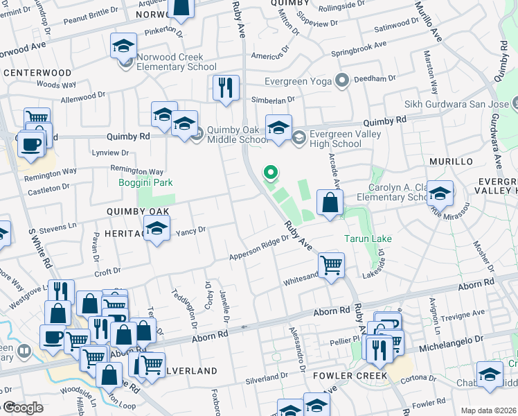 map of restaurants, bars, coffee shops, grocery stores, and more near 3234 Pinegate Way in San Jose