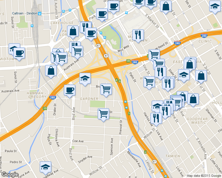 map of restaurants, bars, coffee shops, grocery stores, and more near 378 Brown Street in San Jose