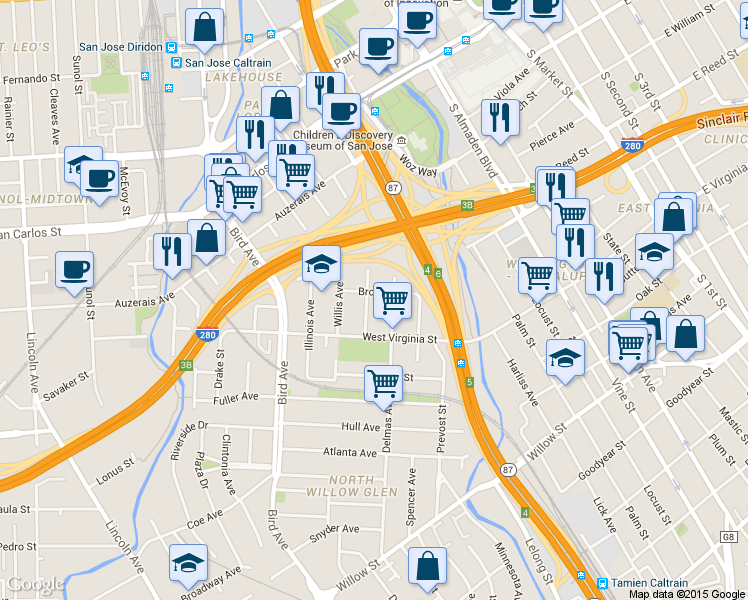map of restaurants, bars, coffee shops, grocery stores, and more near 408 Brown Street in San Jose