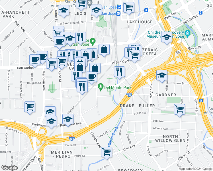 map of restaurants, bars, coffee shops, grocery stores, and more near 809 Auzerais Avenue in San Jose